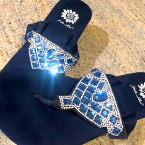 Yellow box blue rhinestone flip flop wedges